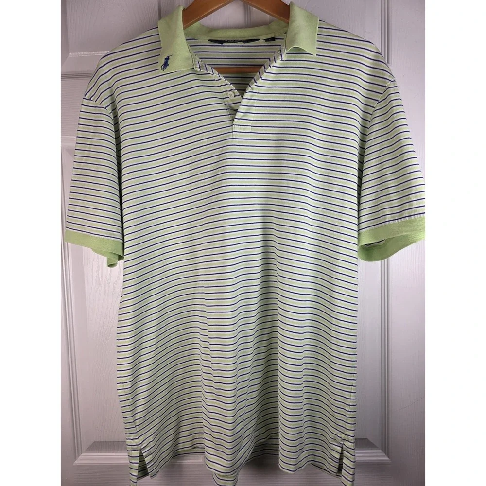 Ralph Lauren Polo Golf Shirt Mens L ProFit Green‎ Blue Striped 100% Pima Cotton
